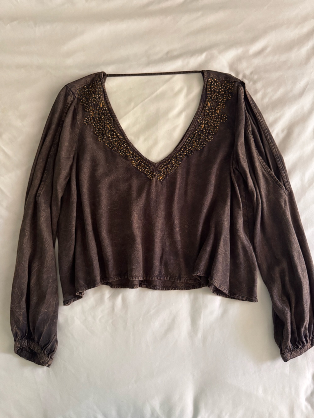 Dark Brown Embroidered V Neck Long Sleeve Top